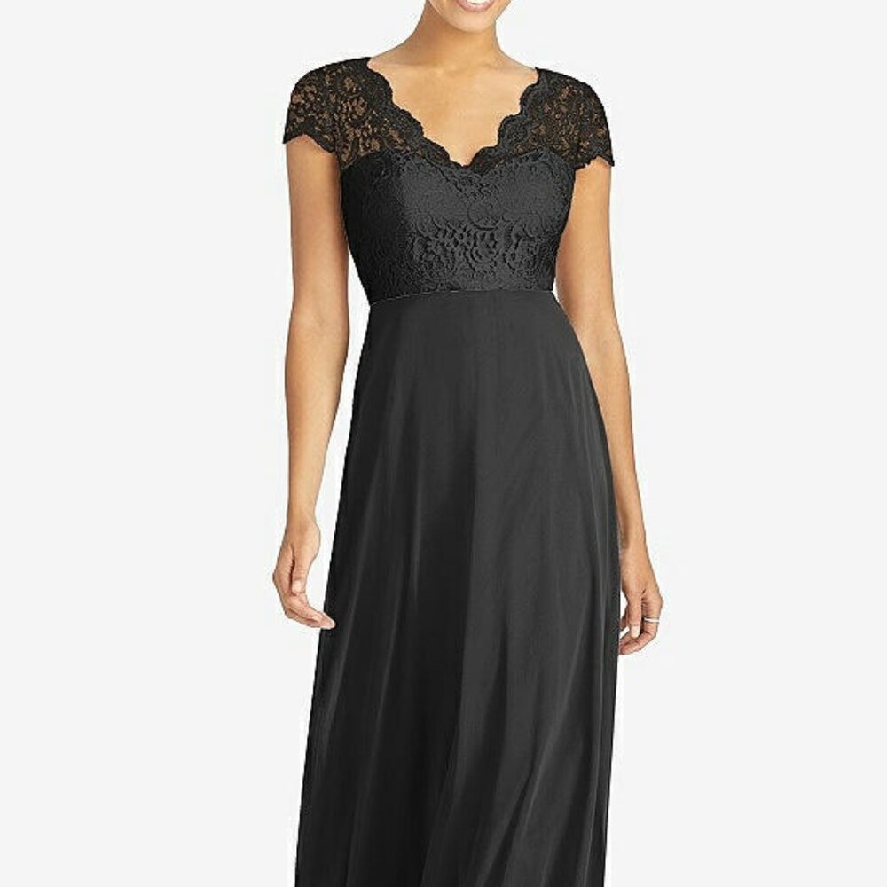 Dessy 3033...Cap Sleeve Illusion-Back Lace and Chiffon Dress....Black...Sz 14